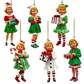 Nostalgic Victorian Christmas Girl Charming Set of 6 Ornaments, Vintage Old Fashioned Resin Holiday