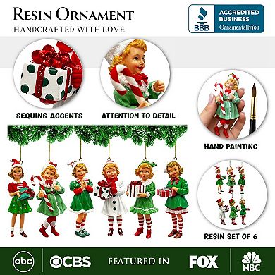 Nostalgic Victorian Christmas Girl Charming Set of 6 Ornaments, Vintage Old Fashioned Resin Holiday
