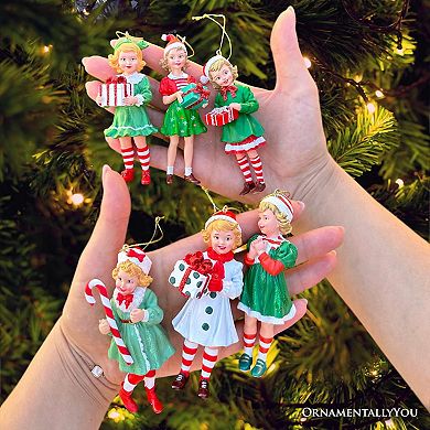 Nostalgic Victorian Christmas Girl Charming Set of 6 Ornaments, Vintage Old Fashioned Resin Holiday