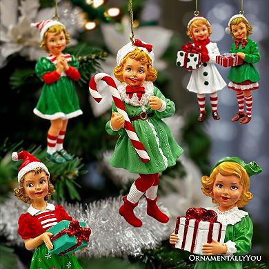 Nostalgic Victorian Christmas Girl Charming Set of 6 Ornaments, Vintage Old Fashioned Resin Holiday