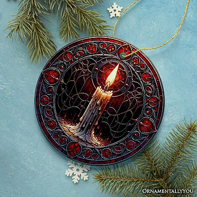 Candlelight for a Spine-Chilling Ambiance Stained Glass Style Ceramic Ornament, Halloween Themed