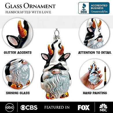 Whimsical Gnome Cow Handblown Glass Christmas Ornament, Cute Holiday Decor