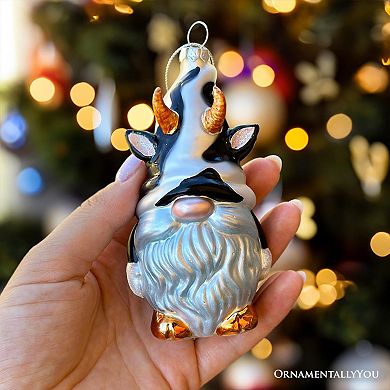 Whimsical Gnome Cow Handblown Glass Christmas Ornament, Cute Holiday Decor