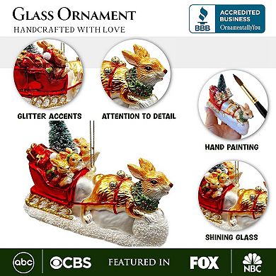 Enchanting Hare and Sleigh Glass Christmas Ornament, Elegant Hand Blown Tree Decor