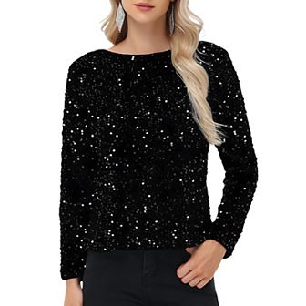 Women's Sequin Tops Long Sleeve Evening Party Concert Shirt Blouse