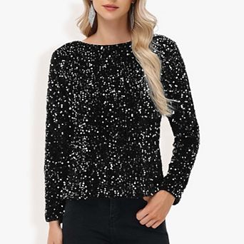 Women's Sequin Tops Long Sleeve Evening Party Concert Shirt Blouse