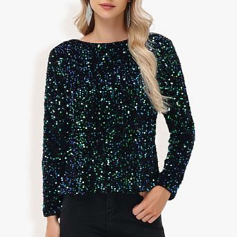 Women's Sequin Tops Long Sleeve Evening Party Concert Shirt Blouse