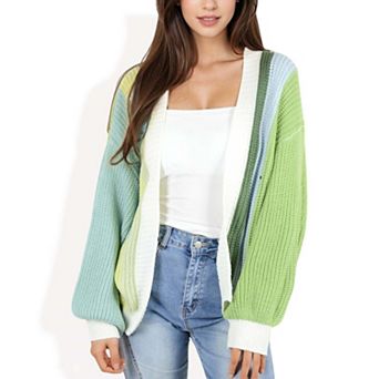Women's Colorblock Open Front Cardigan with Balloon Sleeves