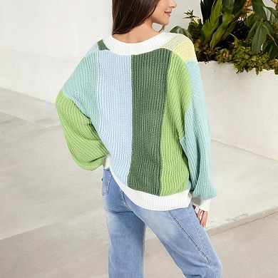Women's Colorblock Open Front Cardigan with Balloon Sleeves