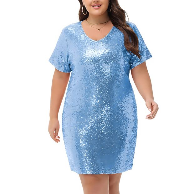 green emerald velvet dress Sydneys Closet SC8111 Size 22 Blue Short Sequin Long Sleeve Plus Size Formal Cocktail Dress V Neck Gown