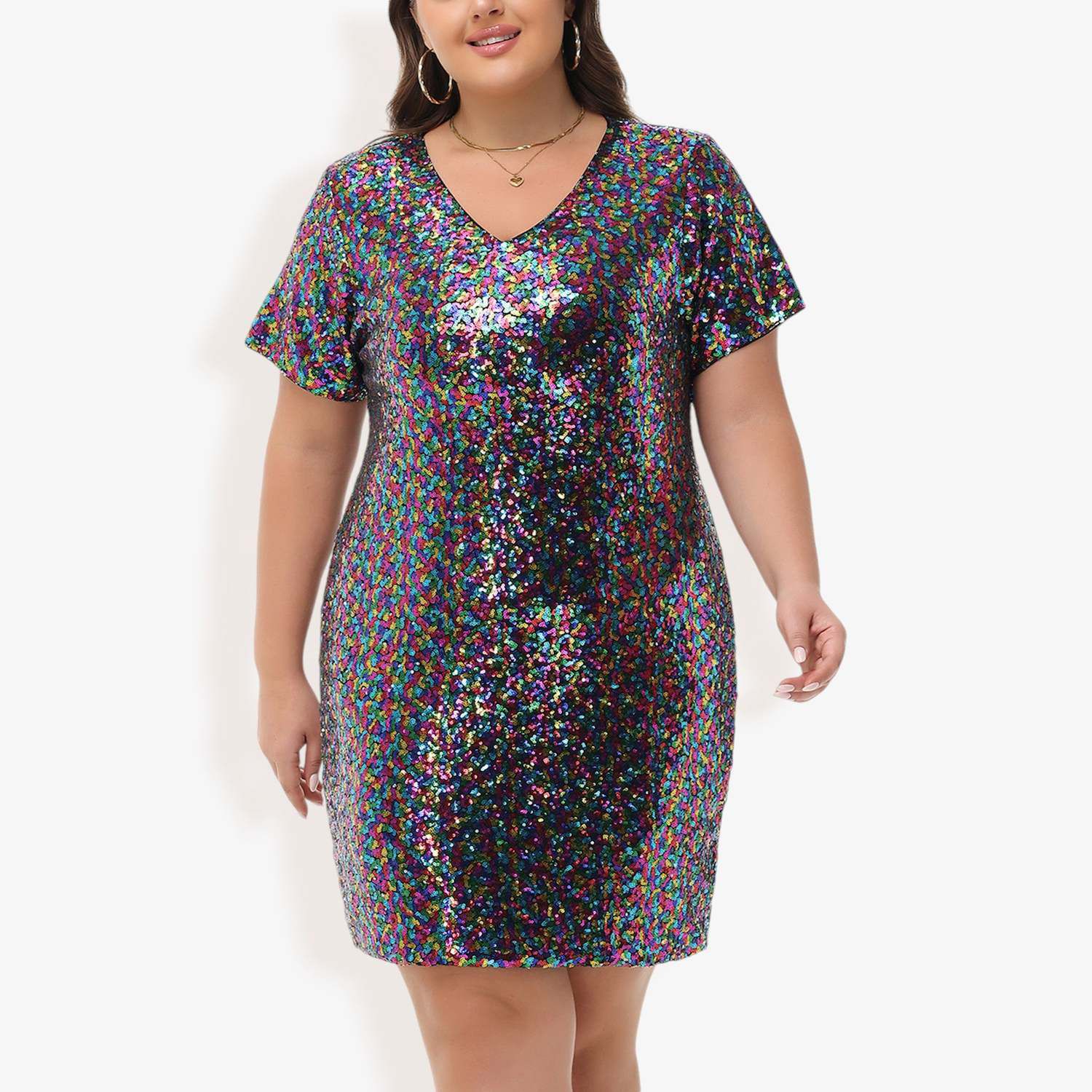 Anna-Kaci Womens Plus Size Short Sleeve Sequin Dresses V Neck T Shirt Shift Sparkle Dress - Plus-4X-20W-22W / Brown