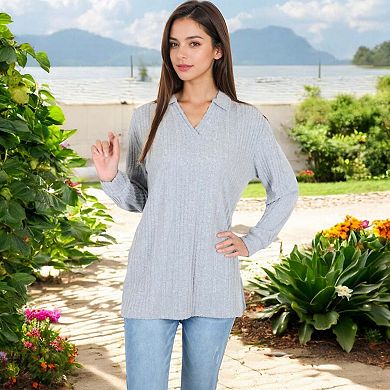 Women's Long Sleeve Collared Ribbed Knit Sweater with Side Slits