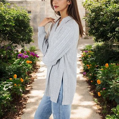 Women's Long Sleeve Collared Ribbed Knit Sweater with Side Slits