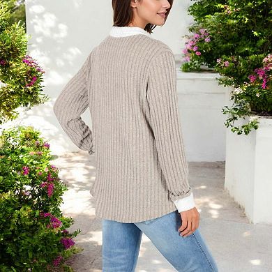 Women's Collared Ribbed Knit Sweater with Contrast Trim Cuffs