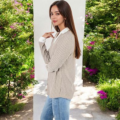 Women's Collared Ribbed Knit Sweater with Contrast Trim Cuffs