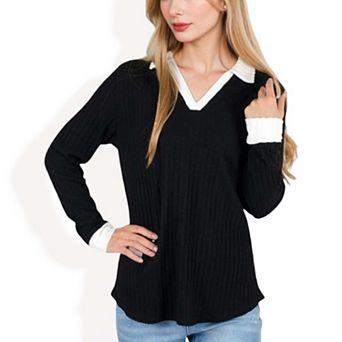 Women's Collared Ribbed Knit Sweater with Contrast Trim Cuffs
