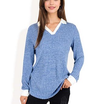 Women's Collared Ribbed Knit Sweater with Contrast Trim Cuffs