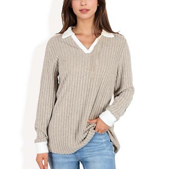 Women's Collared Ribbed Knit Sweater with Contrast Trim Cuffs