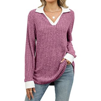 Women's Collared Ribbed Knit Sweater with Contrast Trim Cuffs