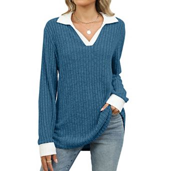 Women's Collared Ribbed Knit Sweater with Contrast Trim Cuffs