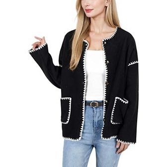 Women's Contrast Trim Button-Up Cardigan with Front Pockets