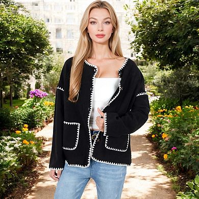 Women's Contrast Trim Button-Up Cardigan with Front Pockets