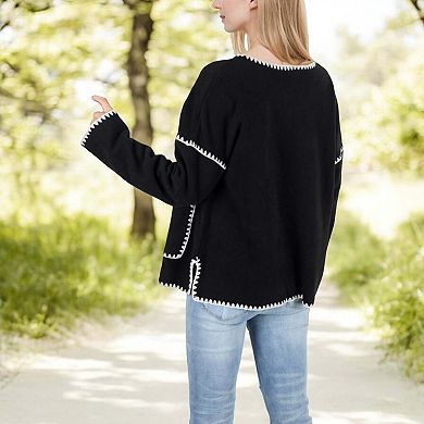 Women's Contrast Trim Button-Up Cardigan with Front Pockets