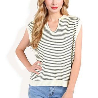 Women's Striped Sleeveless Knit Collared Sweater Vest