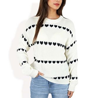 Women's Long Sleeve Knit Sweater with Heart Pattern