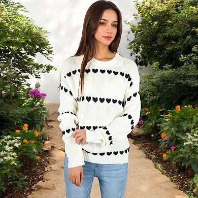 Women's Long Sleeve Knit Sweater with Heart Pattern