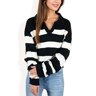 Women's Striped Collared Long Sleeve Sweater with V-Neckline