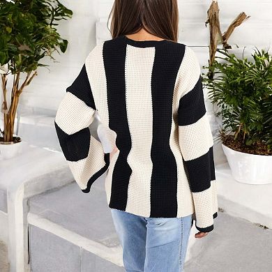 Women's Bold Striped Knit Sweater with Bell Sleeves and Crew Neck