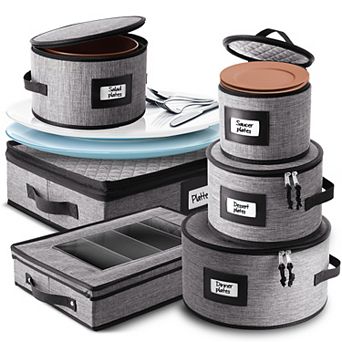 6 pc Hard Shell Fine China Plates, Platters and Silverware Storage Set