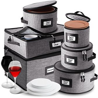 6 pc Hard Shell Fine China Plates, Mugs, and Wine Glass Storage Set