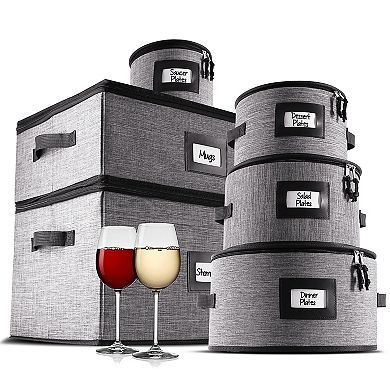 6 Piece Hard Shell Fine China Plates, Mugs, and Wine Glass Storage Set