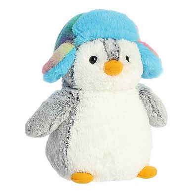 Aurora Small Gray Pompom Penguin 9" Pom Pom Rainbow Trapper Festive Stuffed Animal