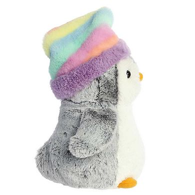 Aurora Small Gray Pompom Penguin 9" Pom Pom Rainbow Hat Festive Stuffed Animal