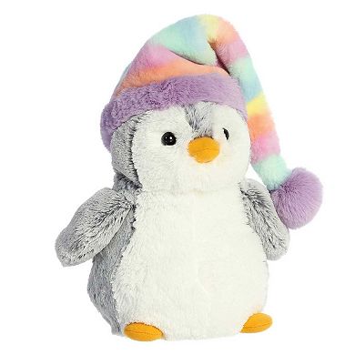 Aurora Small Gray Pompom Penguin 9" Pom Pom Rainbow Hat Festive Stuffed Animal
