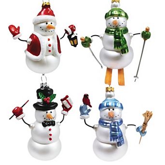 Classic Winter Snowman Set of 4 Glass Christmas Ornaments, Nostalgic Holiday Collection Set