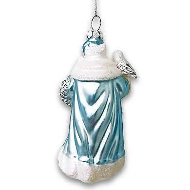Arctic Whispers Santa Glass Christmas Ornament, Snowy Winter Theme with Light Blue Robe
