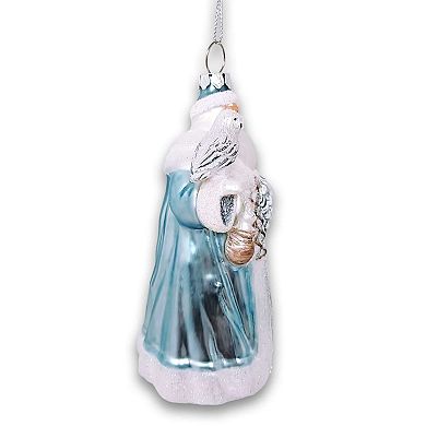 Arctic Whispers Santa Glass Christmas Ornament, Snowy Winter Theme with Light Blue Robe