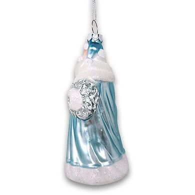 Arctic Whispers Santa Glass Christmas Ornament, Snowy Winter Theme with Light Blue Robe
