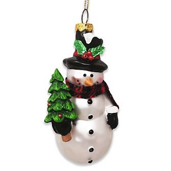 Comfy Snowman and Radiant Christmas Tree Blown Glass Holiday Ornament
