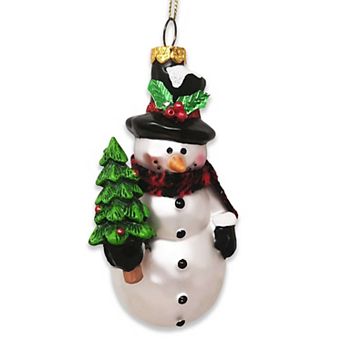 Comfy Snowman and Radiant Christmas Tree Blown Glass Holiday Ornament