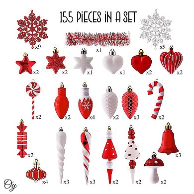 Christmas Paradise Ornament Bundle Mega Set,155 Red and White Baubles with Many Themes