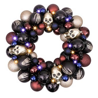 Creep and Glitter Spooky Wreath with Skeleton Skull Baubles, Black, Maroon and Gold Colors