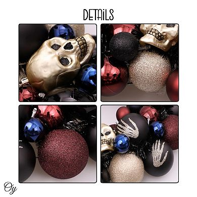 Creep and Glitter Spooky Wreath with Skeleton Skull Baubles, Black, Maroon and Gold Colors