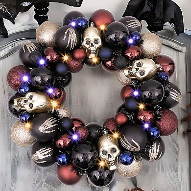 Creep and Glitter Spooky Wreath with Skeleton Skull Baubles, Black, Maroon and Gold Colors