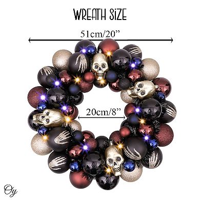 Creep and Glitter Spooky Wreath with Skeleton Skull Baubles, Black, Maroon and Gold Colors