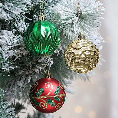 Uniquely Patterned Christmas Bauble Set, 35 Ornaments with Red, Green, and Gold